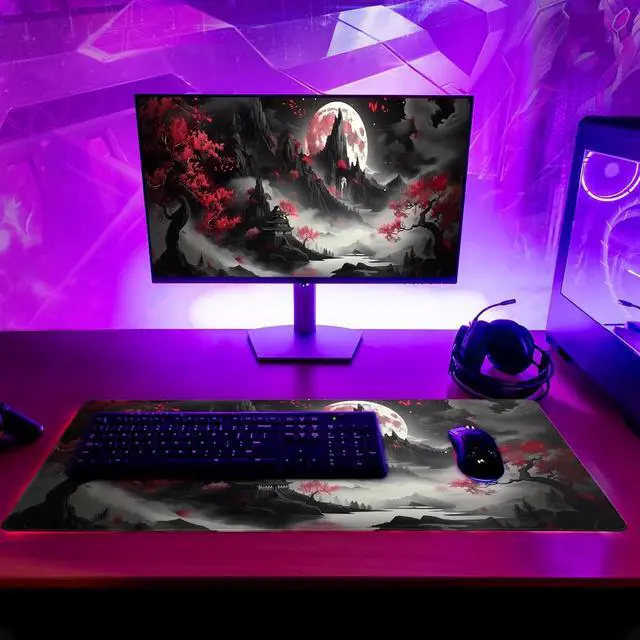 Alt view image 6 of 7 - Japanese Desk Mat Red Full Moon Desk Pad Black Riverside Large Mouse Pad Gaming Mousepad Extended XL Keyboard Pad 31.5 x 11.8 in Laptop Computer Mouse Keyboard Mat for Office Desk Decor