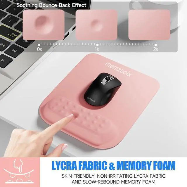 Alt view image 4 of 7 - Pink Ergonomic Mouse Pad with Wrist Rest Support Premium Memory Foam Cushioning for Pain Relief Non-Slip PU Base for Stable Smooth Control - Perfect for Laptop Computer and Home Office