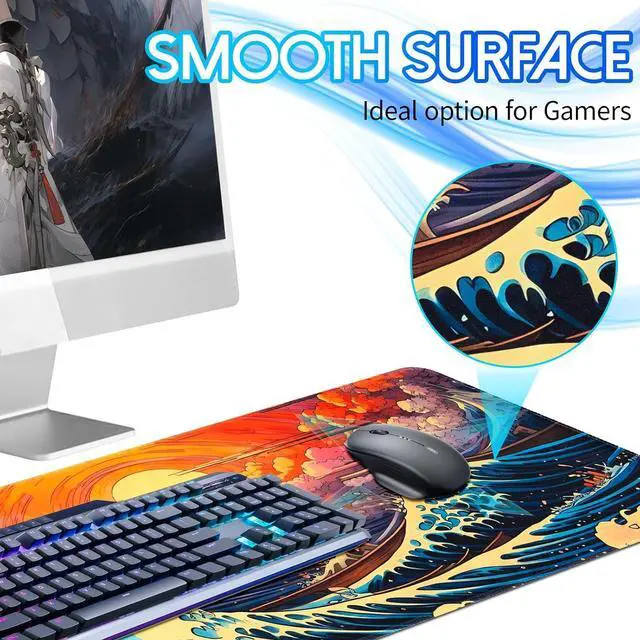 Alt view image 2 of 7 - Japanese Sea Wave Mouse Pad Large Gaming Mouse Pad for Desk Non Slip Rubber Base Mousepad with Seamed Edges XL Keyboard Mat for Gaming Office Home (31.5 x 11.8)