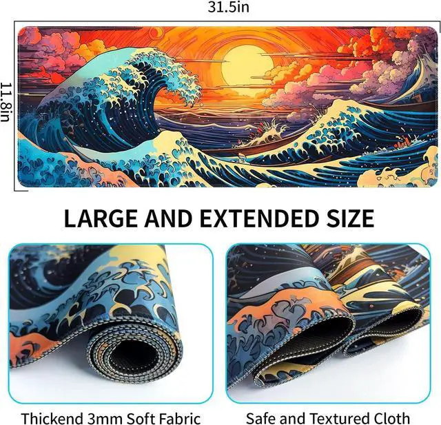 Alt view image 3 of 7 - Japanese Sea Wave Mouse Pad Large Gaming Mouse Pad for Desk Non Slip Rubber Base Mousepad with Seamed Edges XL Keyboard Mat for Gaming Office Home (31.5 x 11.8)