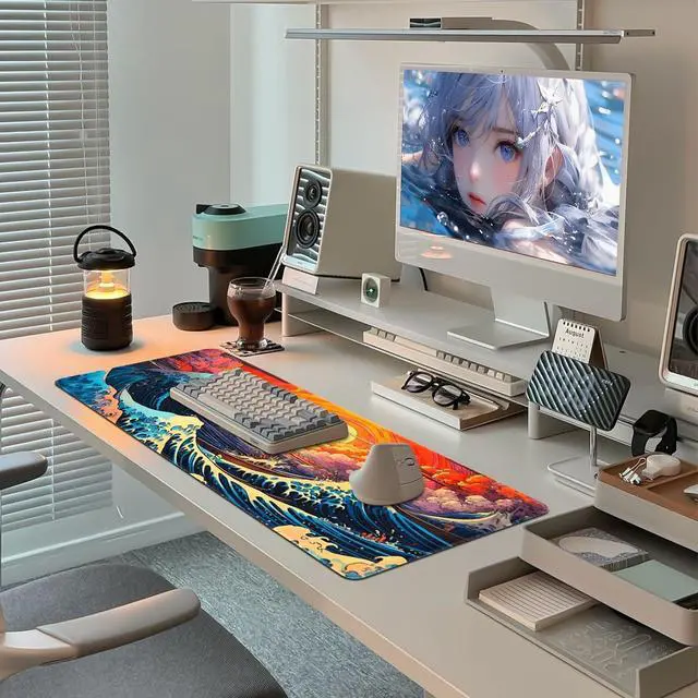 Alt view image 5 of 7 - Japanese Sea Wave Mouse Pad Large Gaming Mouse Pad for Desk Non Slip Rubber Base Mousepad with Seamed Edges XL Keyboard Mat for Gaming Office Home (31.5 x 11.8)