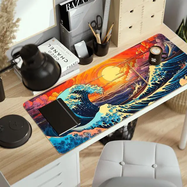 Alt view image 6 of 7 - Japanese Sea Wave Mouse Pad Large Gaming Mouse Pad for Desk Non Slip Rubber Base Mousepad with Seamed Edges XL Keyboard Mat for Gaming Office Home (31.5 x 11.8)