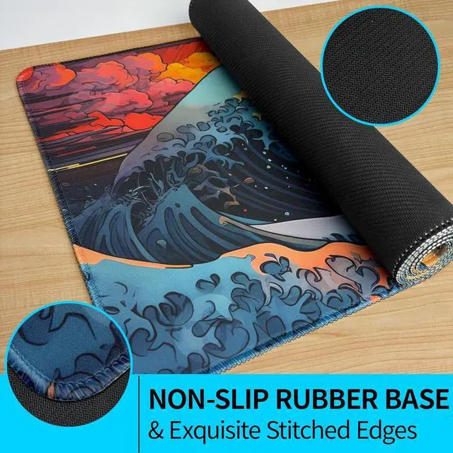 Alt view image 7 of 7 - Japanese Sea Wave Mouse Pad Large Gaming Mouse Pad for Desk Non Slip Rubber Base Mousepad with Seamed Edges XL Keyboard Mat for Gaming Office Home (31.5 x 11.8)