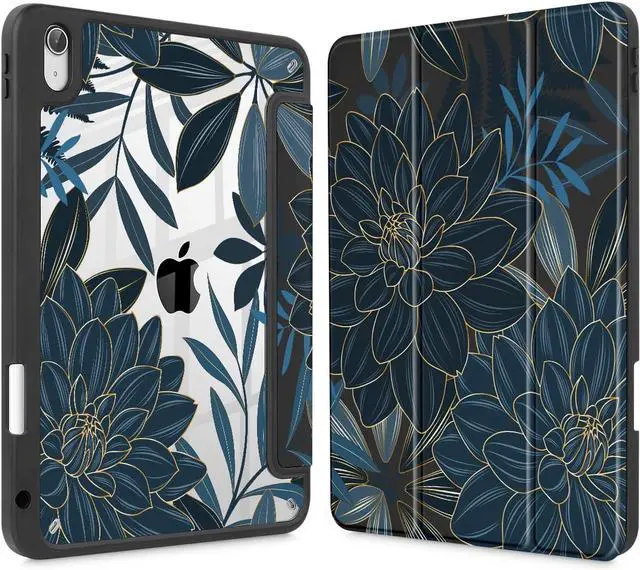 Main image of Case for iPad 11 inch (A16 Chip) 2025 Generation 11th / iPad 10.9 inch 2022 10th Gen Buit in Pencil Holder with Shockproof Cover Clear Transparent Back Shell Auto Wake/Sleep Black Flower