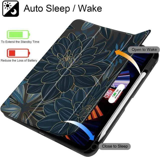 Alt view image 2 of 7 - Case for iPad 11 inch (A16 Chip) 2025 Generation 11th / iPad 10.9 inch 2022 10th Gen Buit in Pencil Holder with Shockproof Cover Clear Transparent Back Shell Auto Wake/Sleep Black Flower