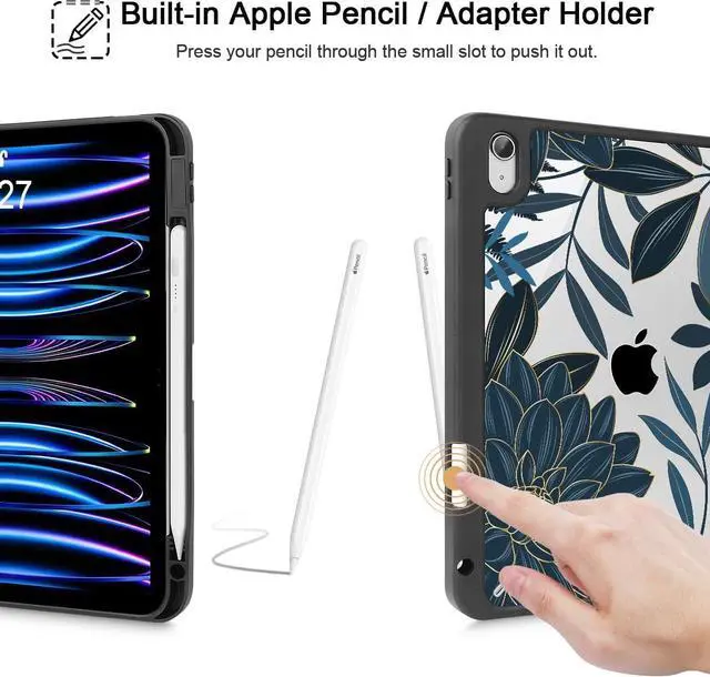 Alt view image 4 of 7 - Case for iPad 11 inch (A16 Chip) 2025 Generation 11th / iPad 10.9 inch 2022 10th Gen Buit in Pencil Holder with Shockproof Cover Clear Transparent Back Shell Auto Wake/Sleep Black Flower