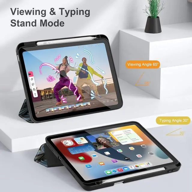 Alt view image 6 of 7 - Case for iPad 11 inch (A16 Chip) 2025 Generation 11th / iPad 10.9 inch 2022 10th Gen Buit in Pencil Holder with Shockproof Cover Clear Transparent Back Shell Auto Wake/Sleep Black Flower