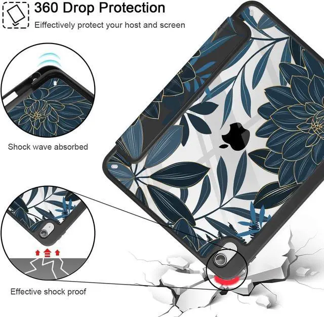 Alt view image 5 of 7 - Case for iPad 11 inch (A16 Chip) 2025 Generation 11th / iPad 10.9 inch 2022 10th Gen Buit in Pencil Holder with Shockproof Cover Clear Transparent Back Shell Auto Wake/Sleep Black Flower