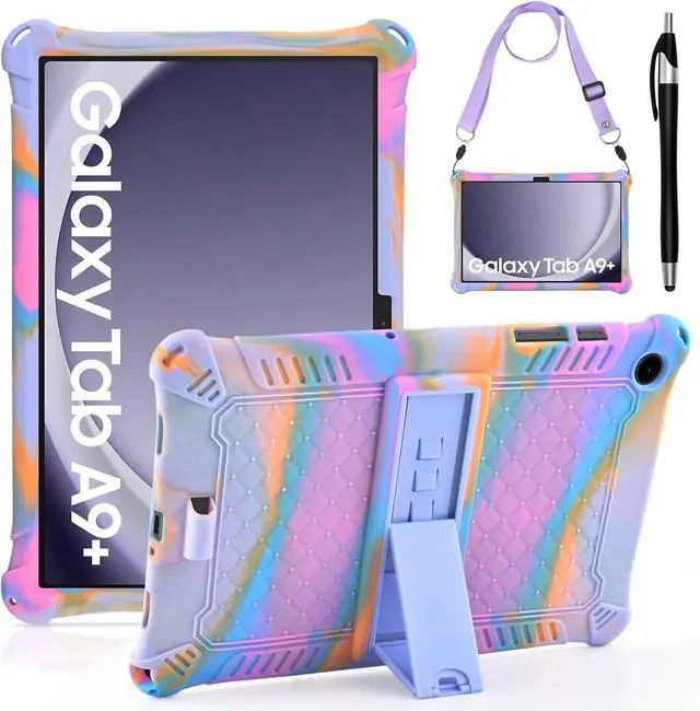 Main image of Compatible with  Galaxy Tab A9 Plus Case 11 inch 2023 with Shoulder Strap & Stylus Pen Soft Silicone Multi-Angle Case for Galaxy Tab A9+ Tablet SM-X210/X216/X218 Rose Red & Purple