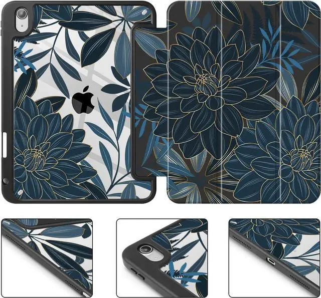 Alt view image 7 of 7 - Case for iPad 11 inch (A16 Chip) 2025 Generation 11th / iPad 10.9 inch 2022 10th Gen Buit in Pencil Holder with Shockproof Cover Clear Transparent Back Shell Auto Wake/Sleep Black Flower