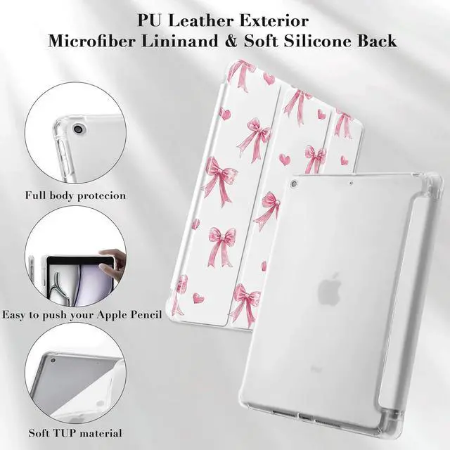 Alt view image 4 of 7 - Cute Pink Bow Pad Case for iPad 10th/11th Generation Clear TPU Stand Back Cover with Pencil Holder for 10.9 Inch iPad 2022/2025 Auto Wake/Sleep Adjustable Protective Case