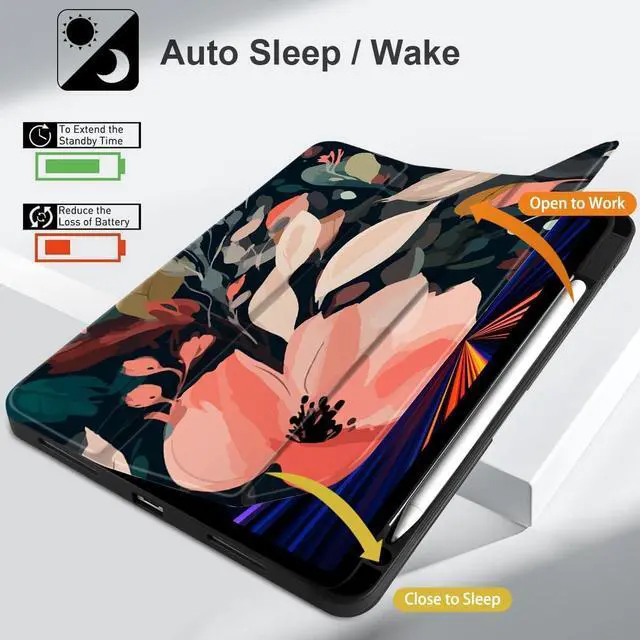 Alt view image 6 of 7 - Case for iPad 11th Generation 11 Inch 2025 (A16 Chip) & iPad 10th Generation 10.9 Inch 2022 with Pencil Holder-[Auto Wake/Sleep] Trifold Stand Soft TPU Protective Cover Painted Florals
