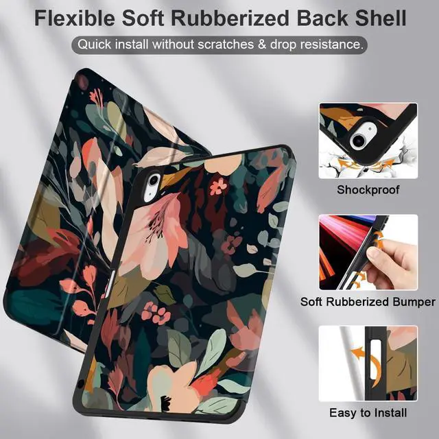 Alt view image 7 of 7 - Case for iPad 11th Generation 11 Inch 2025 (A16 Chip) & iPad 10th Generation 10.9 Inch 2022 with Pencil Holder-[Auto Wake/Sleep] Trifold Stand Soft TPU Protective Cover Painted Florals