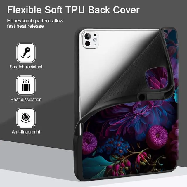 Alt view image 5 of 7 - Case for M4 iPad Pro 13 inch Case 2024 Tablet Cover with Trifold Stand + Pencil Holder + Auto Wake/Sleep + Soft TPU Back Cover for Kids Beautiful Fantasy Flower