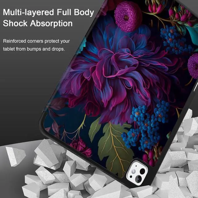 Alt view image 6 of 7 - Case for M4 iPad Pro 13 inch Case 2024 Tablet Cover with Trifold Stand + Pencil Holder + Auto Wake/Sleep + Soft TPU Back Cover for Kids Beautiful Fantasy Flower