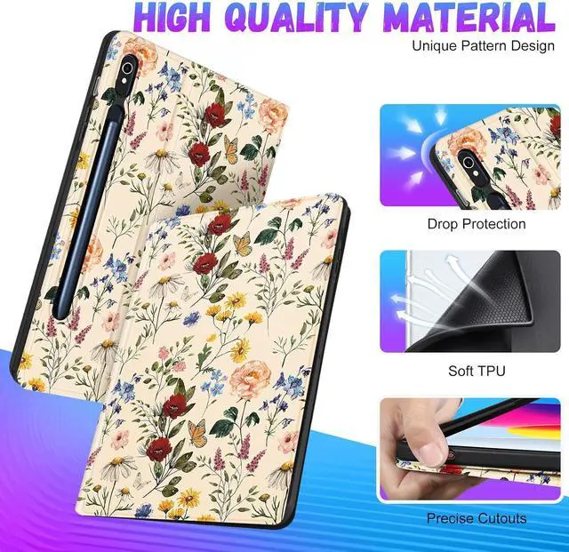 Alt view image 4 of 6 - for  Galaxy Tab S10 Fe/S9 Fe Case - Tab S9 Case for Women Girls Cute Unique Design Girly Kawaii Flower Floral Pretty Folio Tablet Cover with Pencil Holder