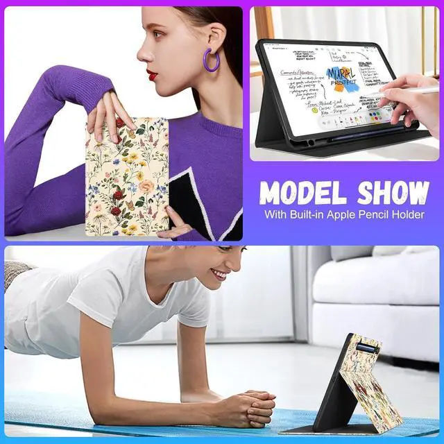 Alt view image 6 of 6 - for  Galaxy Tab S10 Fe/S9 Fe Case - Tab S9 Case for Women Girls Cute Unique Design Girly Kawaii Flower Floral Pretty Folio Tablet Cover with Pencil Holder