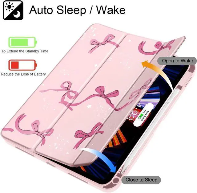 Alt view image 3 of 7 - Case for iPad Air 13 (M3 2025 / M2 2024) Buit in Pencil Holder with TPU Protection Shockproof Cover Clear Transparent Back Trifold Stand-Auto Wake/Sleep Tablet Case Bow-Pink