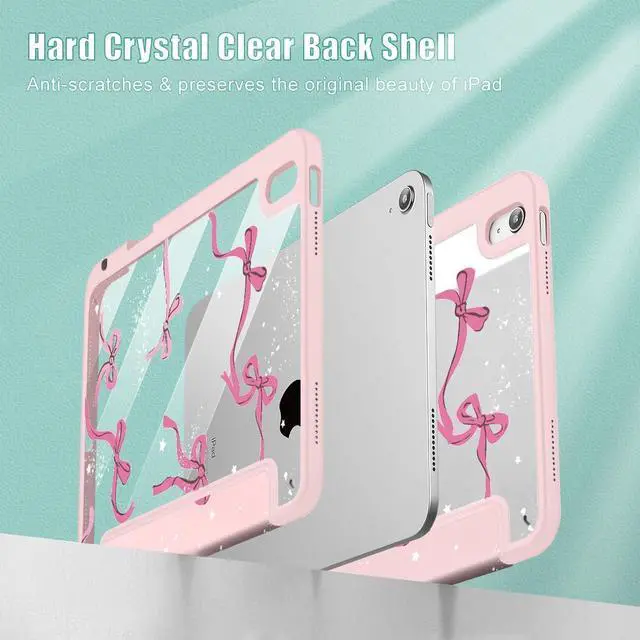 Alt view image 4 of 7 - Case for iPad Air 13 (M3 2025 / M2 2024) Buit in Pencil Holder with TPU Protection Shockproof Cover Clear Transparent Back Trifold Stand-Auto Wake/Sleep Tablet Case Bow-Pink
