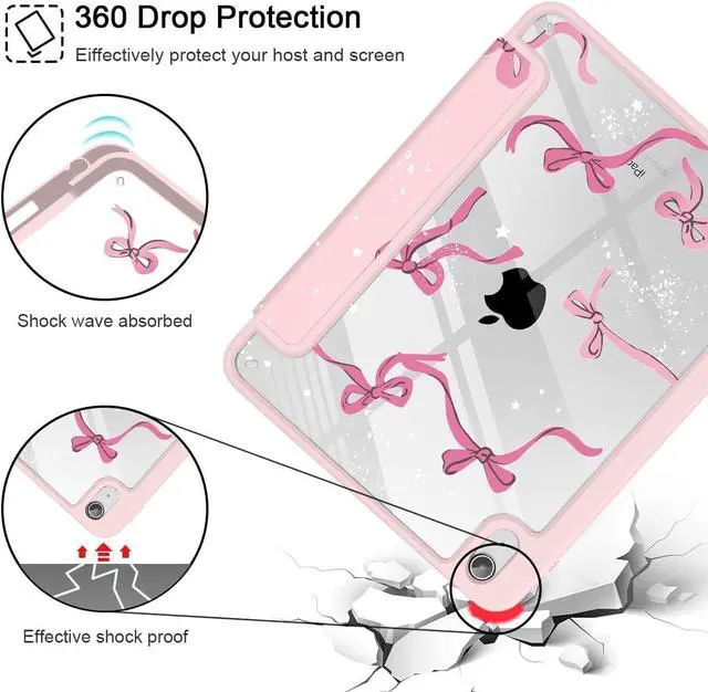 Alt view image 6 of 7 - Case for iPad Air 13 (M3 2025 / M2 2024) Buit in Pencil Holder with TPU Protection Shockproof Cover Clear Transparent Back Trifold Stand-Auto Wake/Sleep Tablet Case Bow-Pink