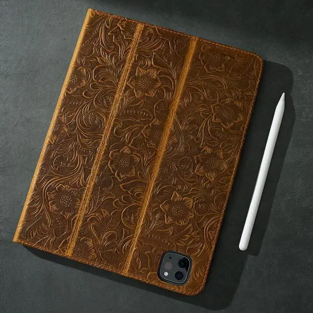 Alt view image 5 of 7 - Leather Case for iPad Air 11 Inch M3 2025/ M2 2024 iPad Air 10.9 Inch Case 5th/4th Generation 2022/2020 Top Grain Leather Cover with Pencil Holder Auto Sleep/Wake Pattern-Brown