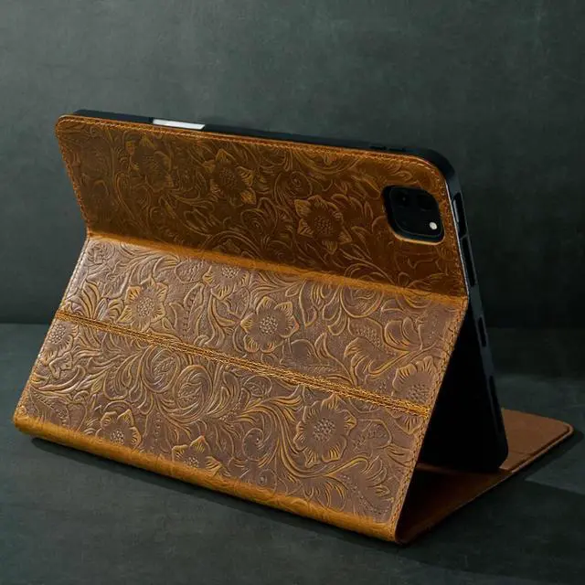 Alt view image 3 of 7 - Leather Case for iPad Air 11 Inch M3 2025/ M2 2024 iPad Air 10.9 Inch Case 5th/4th Generation 2022/2020 Top Grain Leather Cover with Pencil Holder Auto Sleep/Wake Pattern-Brown
