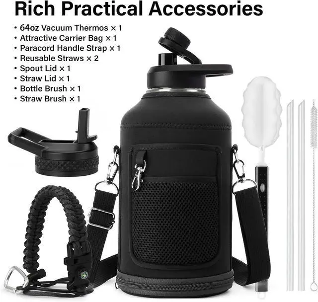 Alt view image 2 of 7 - Insulated Water Bottle | Thickened Stainless Steel Vacuum Metal | Portable Sports Half Gallon Large Water Jug for Gym and Hiking with Straw Carrier Bag Handle Strap | BPA-Free 64 oz