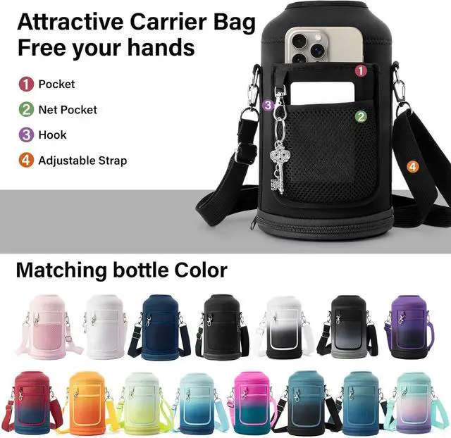 Alt view image 6 of 7 - Insulated Water Bottle | Thickened Stainless Steel Vacuum Metal | Portable Sports Half Gallon Large Water Jug for Gym and Hiking with Straw Carrier Bag Handle Strap | BPA-Free 64 oz