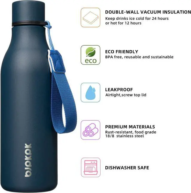 Alt view image 2 of 6 - Insulated Water Bottles 18 oz Stainless Steel Metal Water Bottle with Strap BPA Free Leak Proof Thermos Mugs Flasks Reusable Water Bottle for Sports & Travel Navy Blue