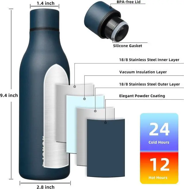 Alt view image 3 of 6 - Insulated Water Bottles 18 oz Stainless Steel Metal Water Bottle with Strap BPA Free Leak Proof Thermos Mugs Flasks Reusable Water Bottle for Sports & Travel Navy Blue