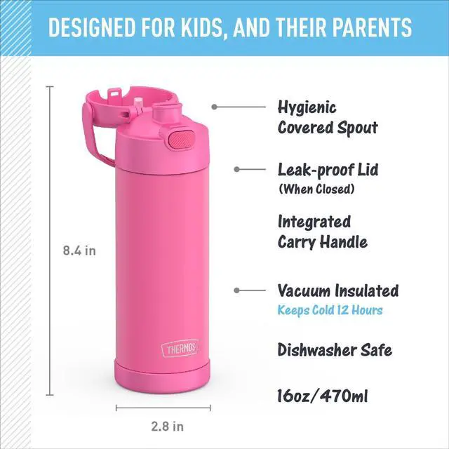 Alt view image 2 of 7 - FUNTAINER 16 Ounce Stainless Steel Vacuum Insulated Bottle with Wide Spout Lid Neon Pink