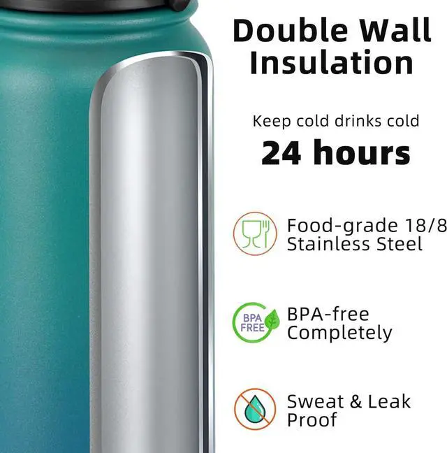 Alt view image 3 of 7 - 20 Oz Insulated Stainless Steel Water Bottle with Chug Lid - Leak & Sweat Proof with Anti-Dust Lid (Green Blue)