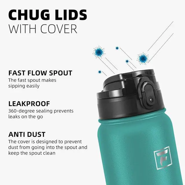 Alt view image 4 of 7 - 20 Oz Insulated Stainless Steel Water Bottle with Chug Lid - Leak & Sweat Proof with Anti-Dust Lid (Green Blue)