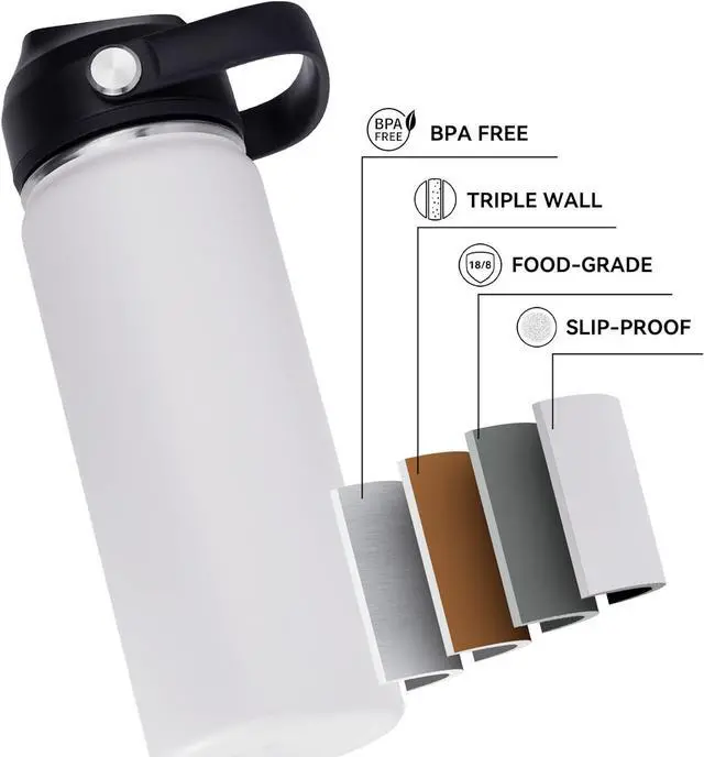 Alt view image 3 of 7 - 18oz Insulated Stainless Steel Water Bottle Wide Mouth Double Wall Vacuum Silicone Straw Sweat & Leak Proof BPA Free Insulated Water Flask for Travel Keep Cold 24h Hot 12h White