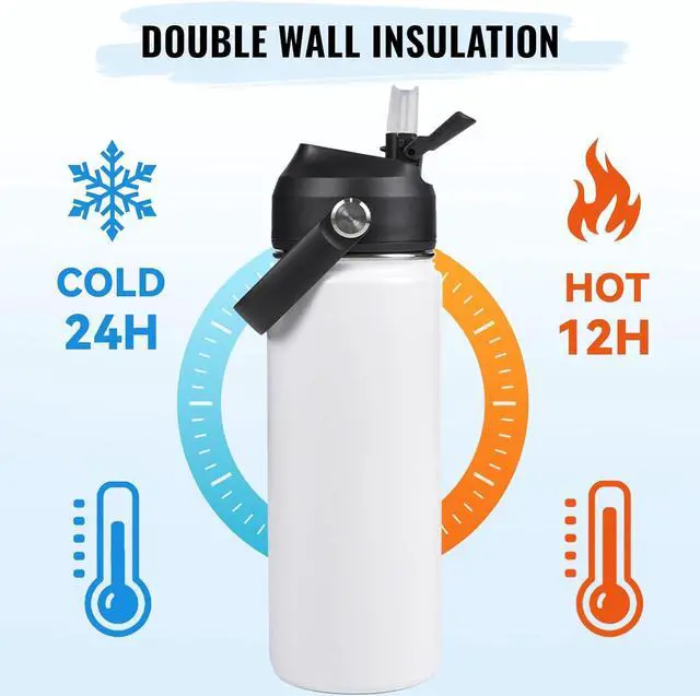 Alt view image 5 of 7 - 18oz Insulated Stainless Steel Water Bottle Wide Mouth Double Wall Vacuum Silicone Straw Sweat & Leak Proof BPA Free Insulated Water Flask for Travel Keep Cold 24h Hot 12h White