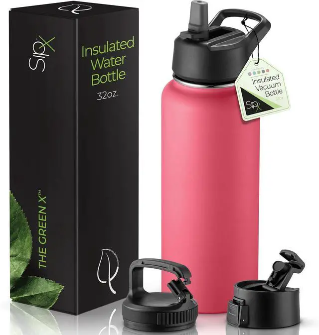 Main image of SipX? Triple-Insulated Stainless Steel Water Bottle 32oz. With 3 Lids BPA-Free Reusable Insulated Water Bottle Keeps Cold 24 Hours (Red)