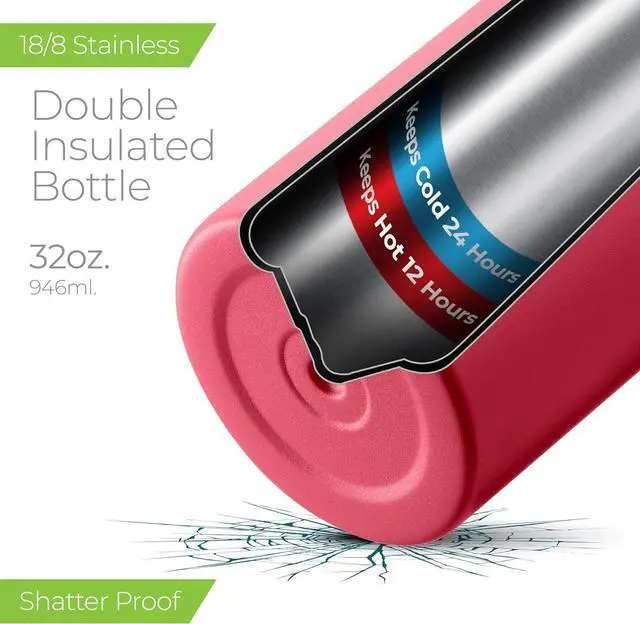 Alt view image 3 of 7 - SipX? Triple-Insulated Stainless Steel Water Bottle 32oz. With 3 Lids BPA-Free Reusable Insulated Water Bottle Keeps Cold 24 Hours (Red)