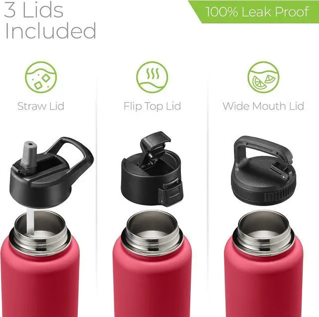 Alt view image 5 of 7 - SipX? Triple-Insulated Stainless Steel Water Bottle 32oz. With 3 Lids BPA-Free Reusable Insulated Water Bottle Keeps Cold 24 Hours (Red)