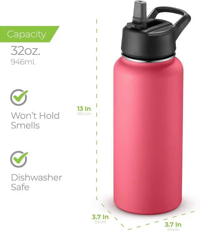 Alt view image 6 of 7 - SipX? Triple-Insulated Stainless Steel Water Bottle 32oz. With 3 Lids BPA-Free Reusable Insulated Water Bottle Keeps Cold 24 Hours (Red)