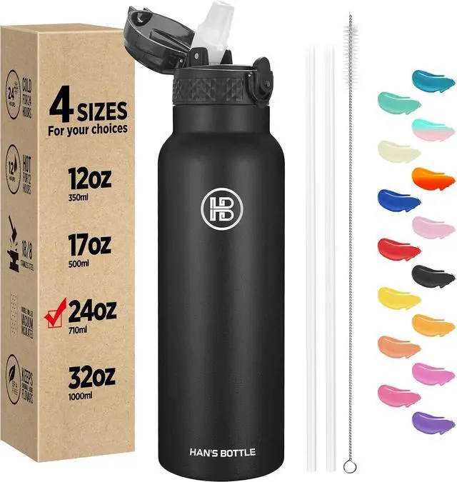 Main image of Hans Bottle Sports Water Bottle - 24 Oz Straw Lid Leak Proof Vacuum Insulated Stainless Steel Double Walled Thermo Mug Black