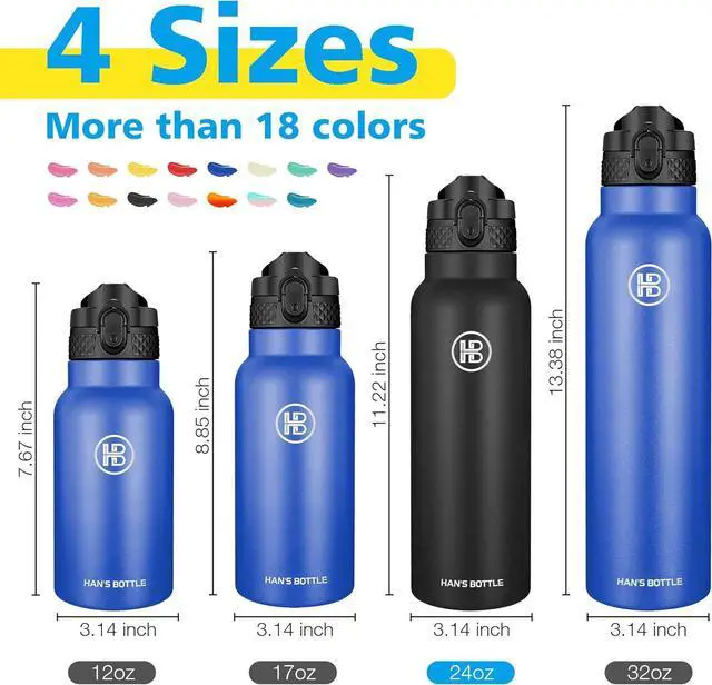 Alt view image 2 of 7 - Hans Bottle Sports Water Bottle - 24 Oz Straw Lid Leak Proof Vacuum Insulated Stainless Steel Double Walled Thermo Mug Black