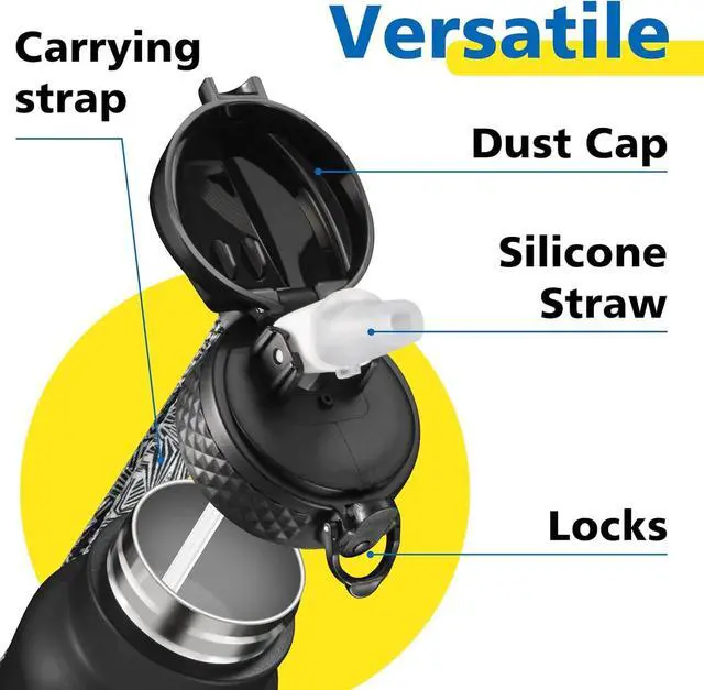 Alt view image 3 of 7 - Hans Bottle Sports Water Bottle - 24 Oz Straw Lid Leak Proof Vacuum Insulated Stainless Steel Double Walled Thermo Mug Black