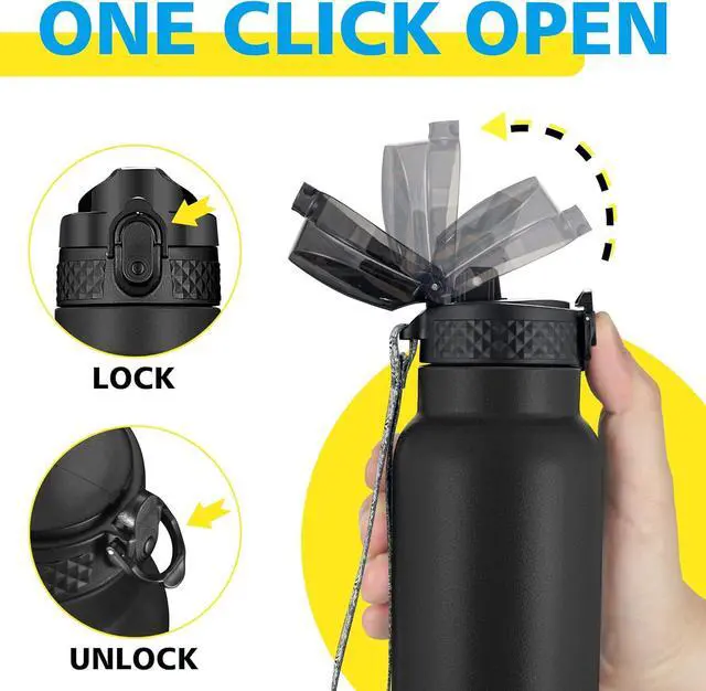 Alt view image 4 of 7 - Hans Bottle Sports Water Bottle - 24 Oz Straw Lid Leak Proof Vacuum Insulated Stainless Steel Double Walled Thermo Mug Black