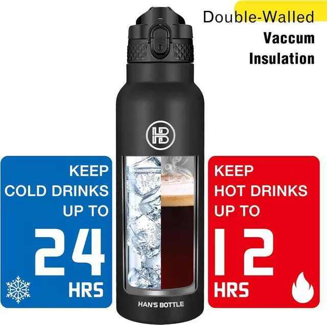 Alt view image 6 of 7 - Hans Bottle Sports Water Bottle - 24 Oz Straw Lid Leak Proof Vacuum Insulated Stainless Steel Double Walled Thermo Mug Black