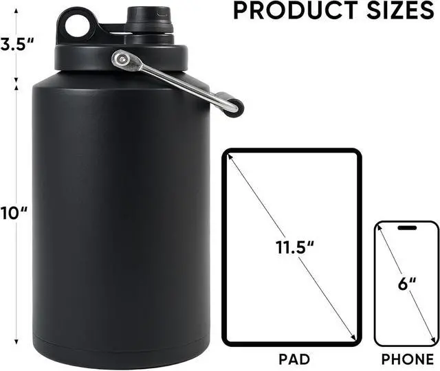 Alt view image 2 of 7 - Insulated Jug with Handle One Gallon 128oz Stainless Steel Large Double Vacuum Water Bottle for Hot & Cold Drinks Wide Mouth Sweat Proof Great for Travel Hiking & Camping Black