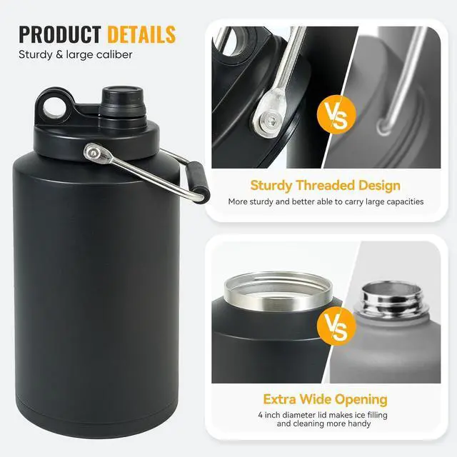 Alt view image 4 of 7 - Insulated Jug with Handle One Gallon 128oz Stainless Steel Large Double Vacuum Water Bottle for Hot & Cold Drinks Wide Mouth Sweat Proof Great for Travel Hiking & Camping Black