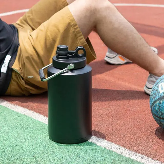 Alt view image 5 of 7 - Insulated Jug with Handle One Gallon 128oz Stainless Steel Large Double Vacuum Water Bottle for Hot & Cold Drinks Wide Mouth Sweat Proof Great for Travel Hiking & Camping Black