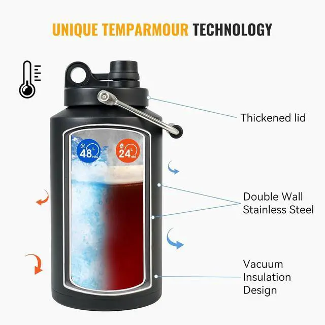 Alt view image 6 of 7 - Insulated Jug with Handle One Gallon 128oz Stainless Steel Large Double Vacuum Water Bottle for Hot & Cold Drinks Wide Mouth Sweat Proof Great for Travel Hiking & Camping Black
