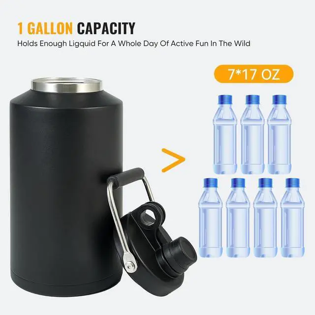 Alt view image 7 of 7 - Insulated Jug with Handle One Gallon 128oz Stainless Steel Large Double Vacuum Water Bottle for Hot & Cold Drinks Wide Mouth Sweat Proof Great for Travel Hiking & Camping Black