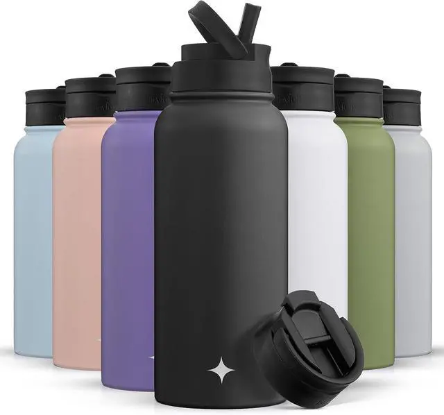 Alt view image 6 of 7 - Triple Insulated Water Bottle with Straw Lid AND Flip Lid! 32oz Large Water Bottle 12 Hour Hot/Cold Vacuum Insulated Stainless Steel Bottle. BPA-Free Leakproof Water Bottles - Thermos Bottle